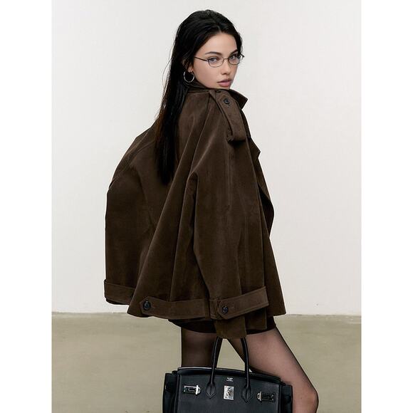 Commense Lapel Loose Suede Jacket - XS - Army Green - Picture 2 of 3